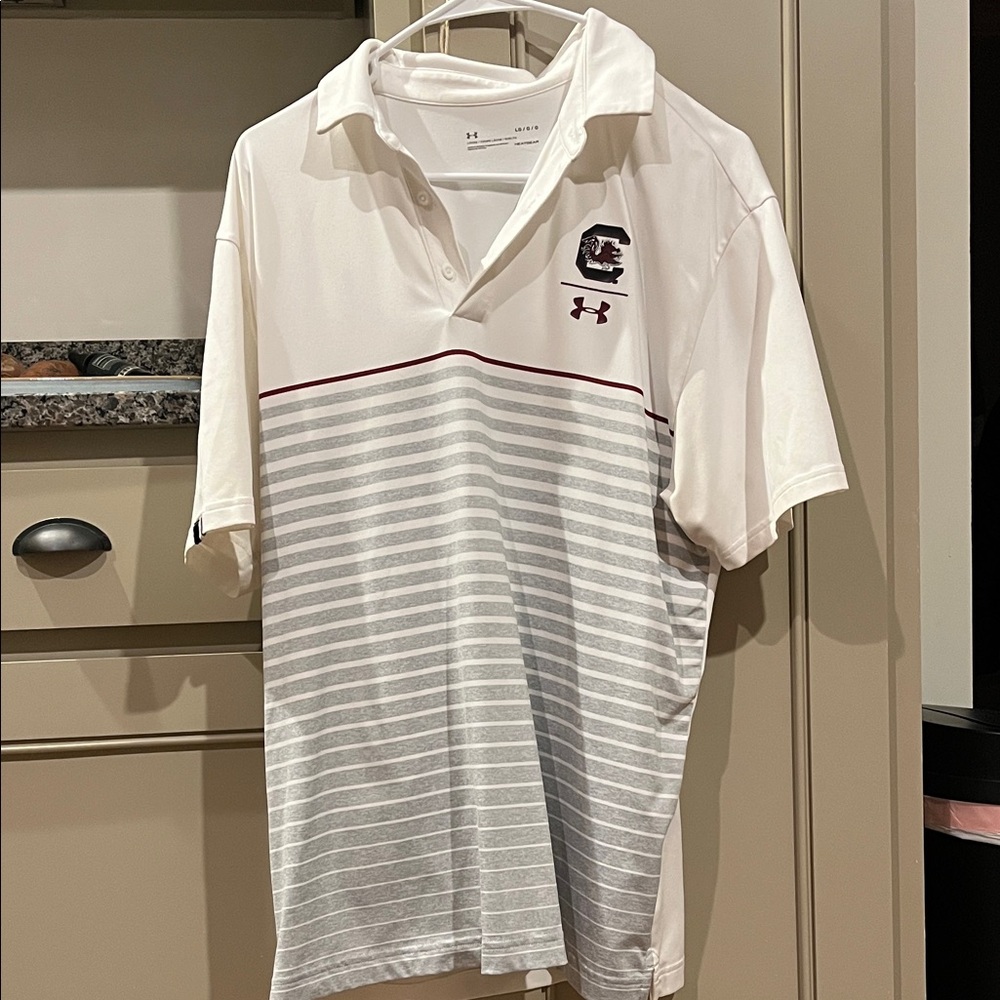 Under Armour White and Gray Striped Men's Polo Shirt South Carolina Gamecocks